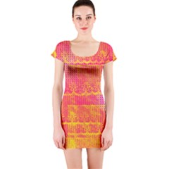 Yello And Magenta Lace Texture Short Sleeve Bodycon Dress by DanaeStudio