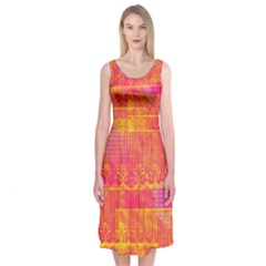 Yello And Magenta Lace Texture Midi Sleeveless Dress