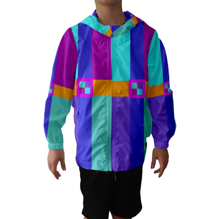 Right Angle Squares Stripes Cross Colored Hooded Wind Breaker (Kids)