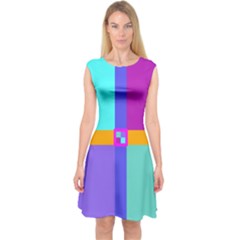 Right Angle Squares Stripes Cross Colored Capsleeve Midi Dress by EDDArt