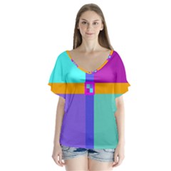 Right Angle Squares Stripes Cross Colored Flutter Sleeve Top by EDDArt