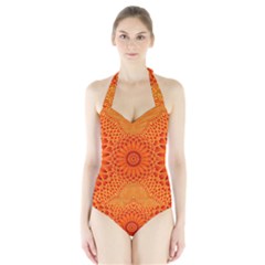 Lotus Fractal Flower Orange Yellow Halter Swimsuit by EDDArt