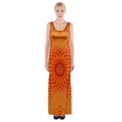 Lotus Fractal Flower Orange Yellow Maxi Thigh Split Dress by EDDArt