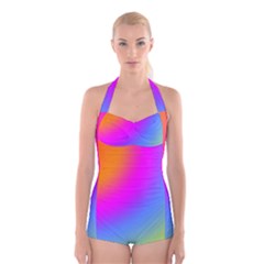 Radial Gradients Red Orange Pink Blue Green Boyleg Halter Swimsuit  by EDDArt