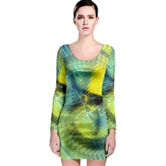 Light Blue Yellow Abstract Fractal Long Sleeve Bodycon Dress by designworld65