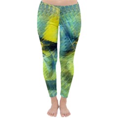 Light Blue Yellow Abstract Fractal Winter Leggings  by designworld65