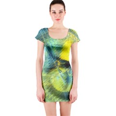 Light Blue Yellow Abstract Fractal Short Sleeve Bodycon Dress by designworld65