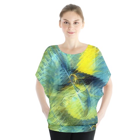 Light Blue Yellow Abstract Fractal Blouse by designworld65