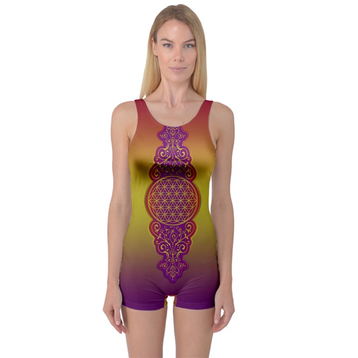 Flower Of Life Vintage Gold Ornaments Red Purple Olive One Piece Boyleg Swimsuit