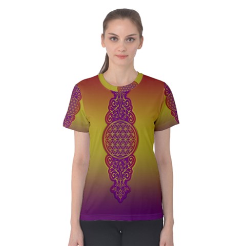 Flower Of Life Vintage Gold Ornaments Red Purple Olive Women s Cotton Tee by EDDArt