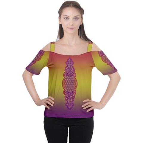 Flower Of Life Vintage Gold Ornaments Red Purple Olive Women s Cutout Shoulder Tee by EDDArt