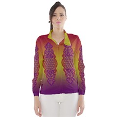 Flower Of Life Vintage Gold Ornaments Red Purple Olive Wind Breaker (women) by EDDArt