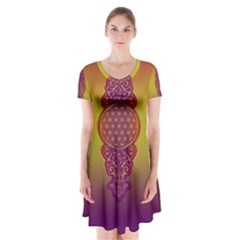 Flower Of Life Vintage Gold Ornaments Red Purple Olive Short Sleeve V-neck Flare Dress by EDDArt