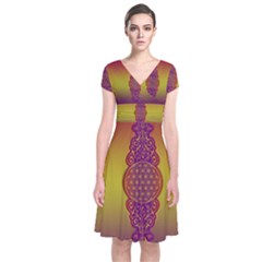 Flower Of Life Vintage Gold Ornaments Red Purple Olive Short Sleeve Front Wrap Dress by EDDArt