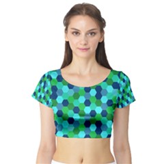 Camo Hexagons In Blue Short Sleeve Crop Top (tight Fit) by fashionnarwhal