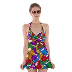 Cute Owls Mess Halter Swimsuit Dress by Valentinaart