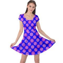 Bright Mod Pink Circles On Blue Cap Sleeve Dresses by BrightVibesDesign