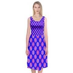 Bright Mod Pink Circles On Blue Midi Sleeveless Dress by BrightVibesDesign