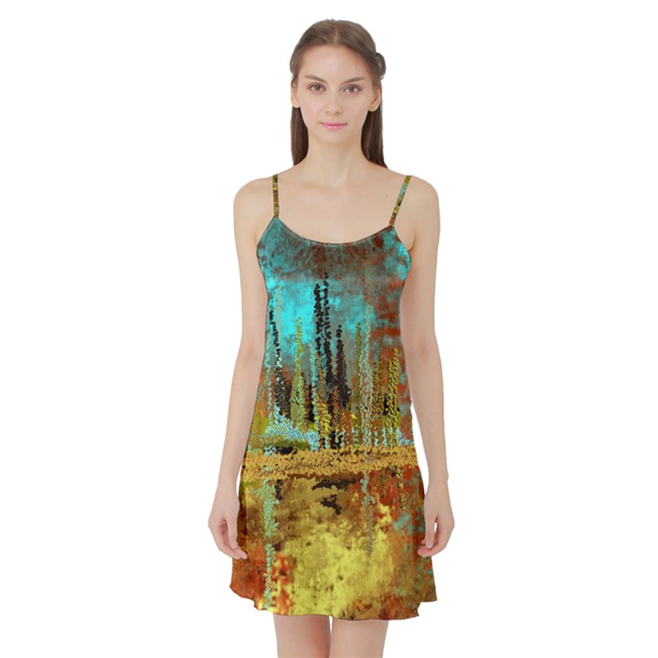 Autumn Landscape Impressionistic Design Satin Night Slip