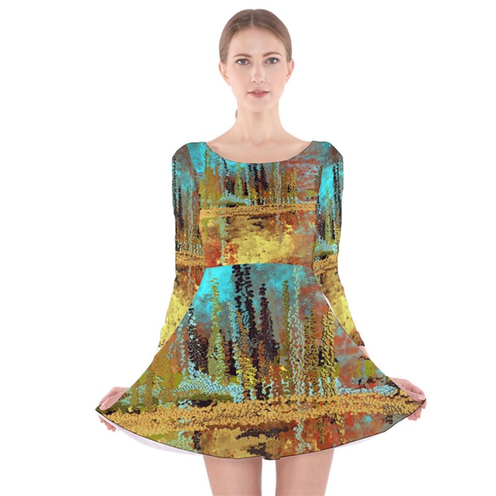 Autumn Landscape Impressionistic Design Long Sleeve Velvet Skater Dress