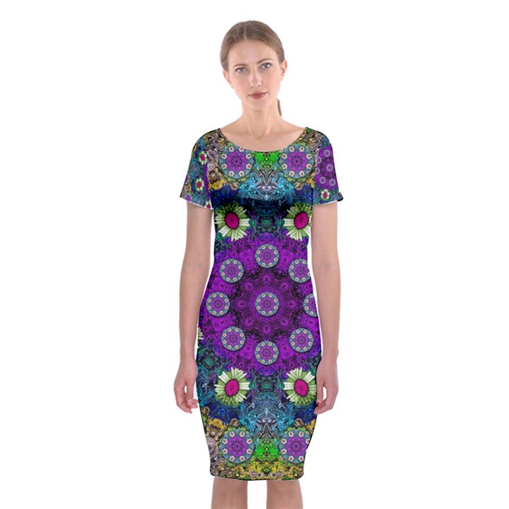 Colors And Flowers In A Mandala Classic Short Sleeve Midi Dress