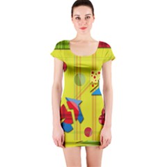 Playful Day - Yellow  Short Sleeve Bodycon Dress by Valentinaart