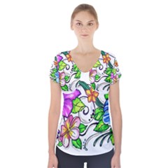 Tropical Hibiscus Flowers Short Sleeve Front Detail Top by EverIris