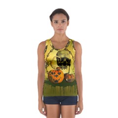 Halloween, Funny Pumpkins And Skull With Spider Women s Sport Tank Top  by FantasyWorld7