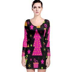 Colorful Xmas Long Sleeve Velvet Bodycon Dress by Valentinaart