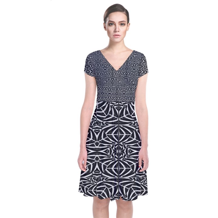 Black and White Tribal Pattern Short Sleeve Front Wrap Dress