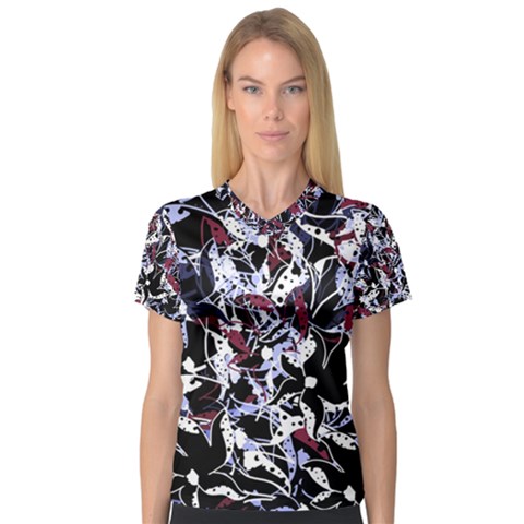 Decorative Abstract Floral Desing Women s V-neck Sport Mesh Tee by Valentinaart