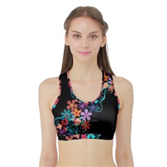 Coorful Flower Design On Black Background Sports Bra With Border by GabriellaDavid