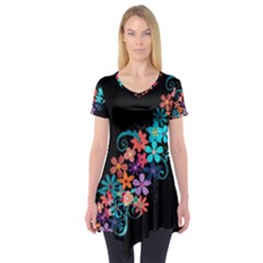 Coorful Flower Design On Black Background Short Sleeve Tunic  by GabriellaDavid