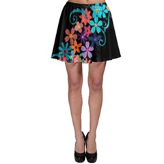 Coorful Flower Design On Black Background Skater Skirt by GabriellaDavid