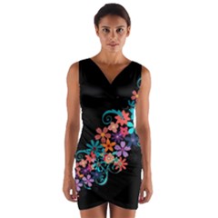 Coorful Flower Design On Black Background Wrap Front Bodycon Dress