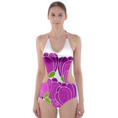 Purple Flowers Cut-out One Piece Swimsuit
