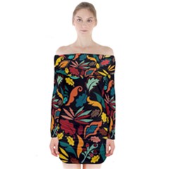 Colorful Leaves Design On Black Background  Long Sleeve Off Shoulder Dress by GabriellaDavid