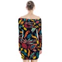 Colorful Leaves Design On Black Background  Long Sleeve Off Shoulder Dress View2