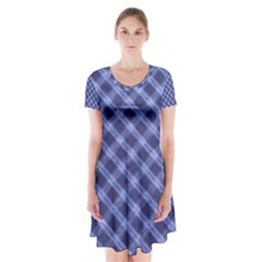 Blue And White Checkered Painting Design  Short Sleeve V-neck Flare Dress by GabriellaDavid