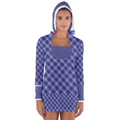 Blue And White Checkered Painting Design  Women s Long Sleeve Hooded T-shirt by GabriellaDavid