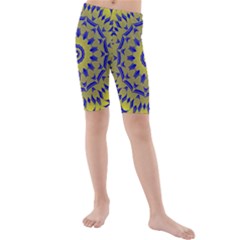 Yellow Blue Gold Mandala Kids  Mid Length Swim Shorts by designworld65