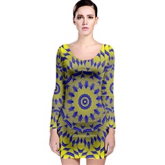 Yellow Blue Gold Mandala Long Sleeve Bodycon Dress by designworld65