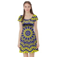 Yellow Blue Gold Mandala Short Sleeve Skater Dress by designworld65