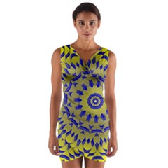 Yellow Blue Gold Mandala Wrap Front Bodycon Dress by designworld65