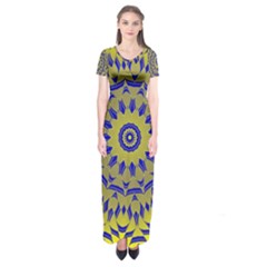 Yellow Blue Gold Mandala Short Sleeve Maxi Dress by designworld65