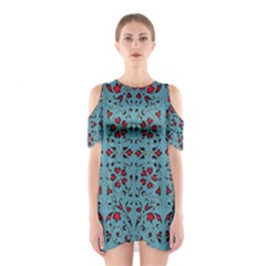 Beautiful Dark Turquoise With Red Ornaments Painting Design  Cutout Shoulder Dress by GabriellaDavid