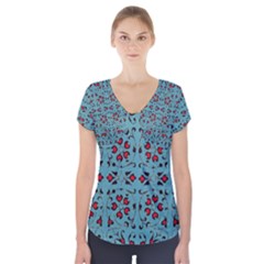 Beautiful Dark Turquoise With Red Ornaments Painting Design  Short Sleeve Front Detail Top by GabriellaDavid