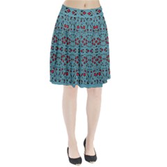 Beautiful Dark Turquoise With Red Ornaments Painting Design  Pleated Skirt