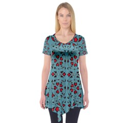 Beautiful Dark Turquoise With Red Ornaments Painting Design  Short Sleeve Tunic  by GabriellaDavid