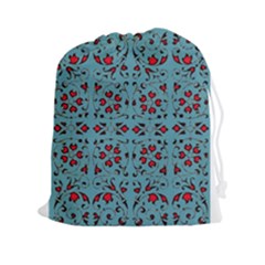 Beautiful Dark Turquoise With Red Ornaments Painting Design  Drawstring Pouches (xxl) by GabriellaDavid